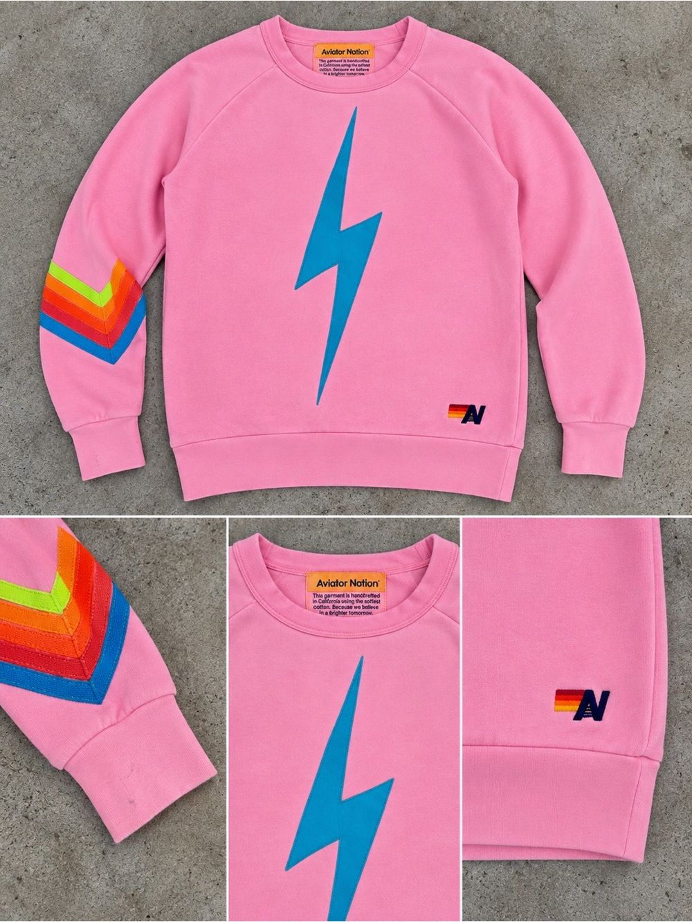Aviator Nation Pink Sz S Sweatshirt with Blue Lightning Bolt & Rainbow Chevron